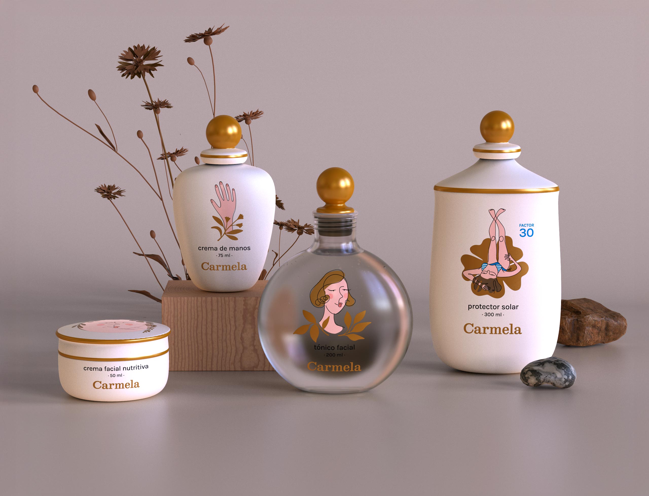 Conjunto de envases e identidad visual de Cosméticos Carmela