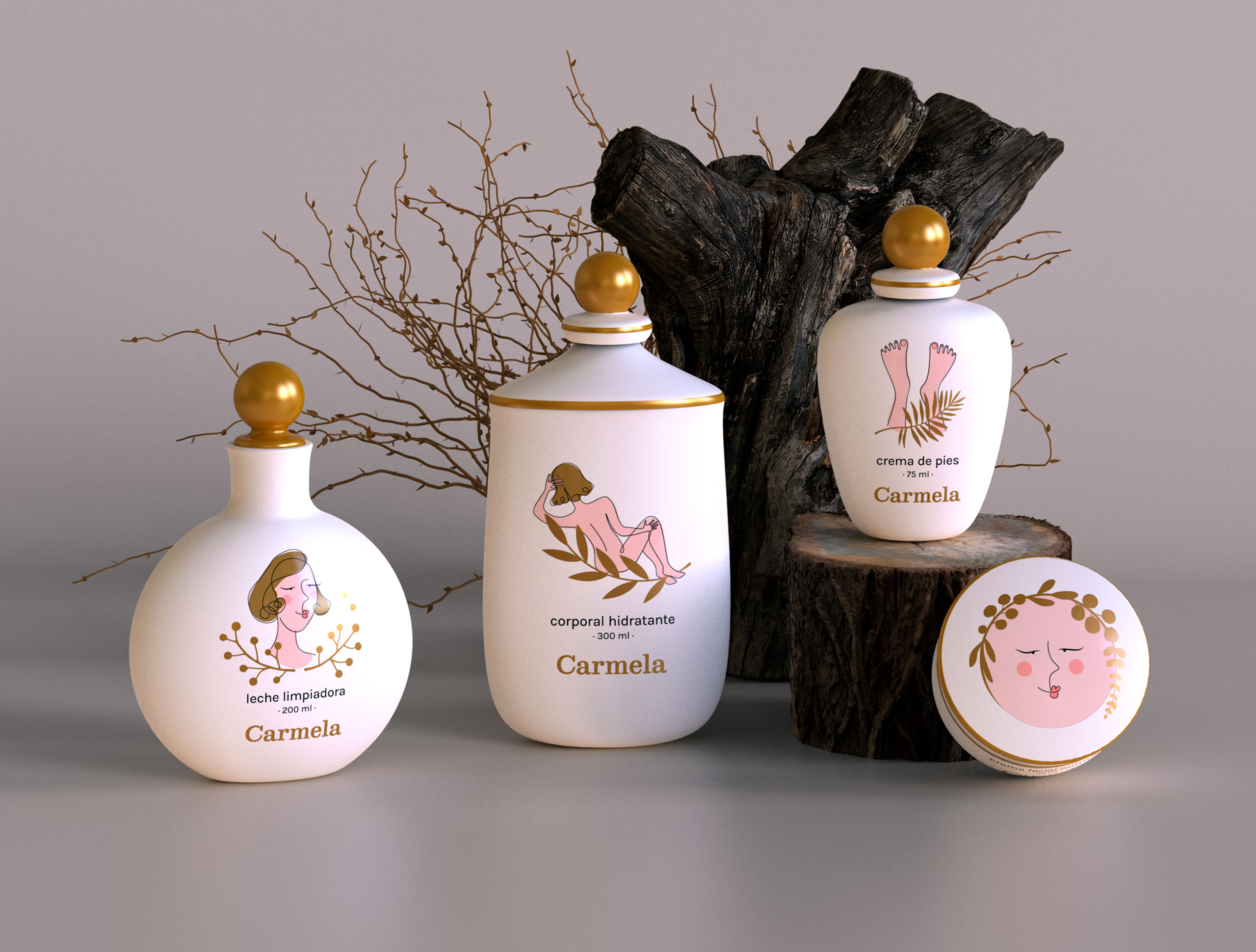 Envases de distintos productos de Cosméticos Carmela