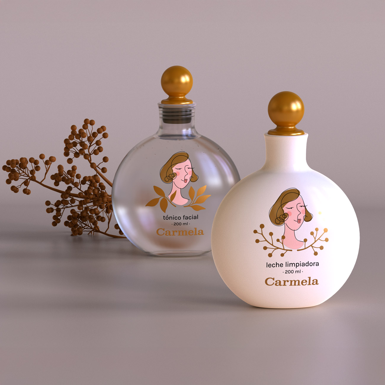 Envases de leche limpiadora y tónico facial de Cosméticos Carmela