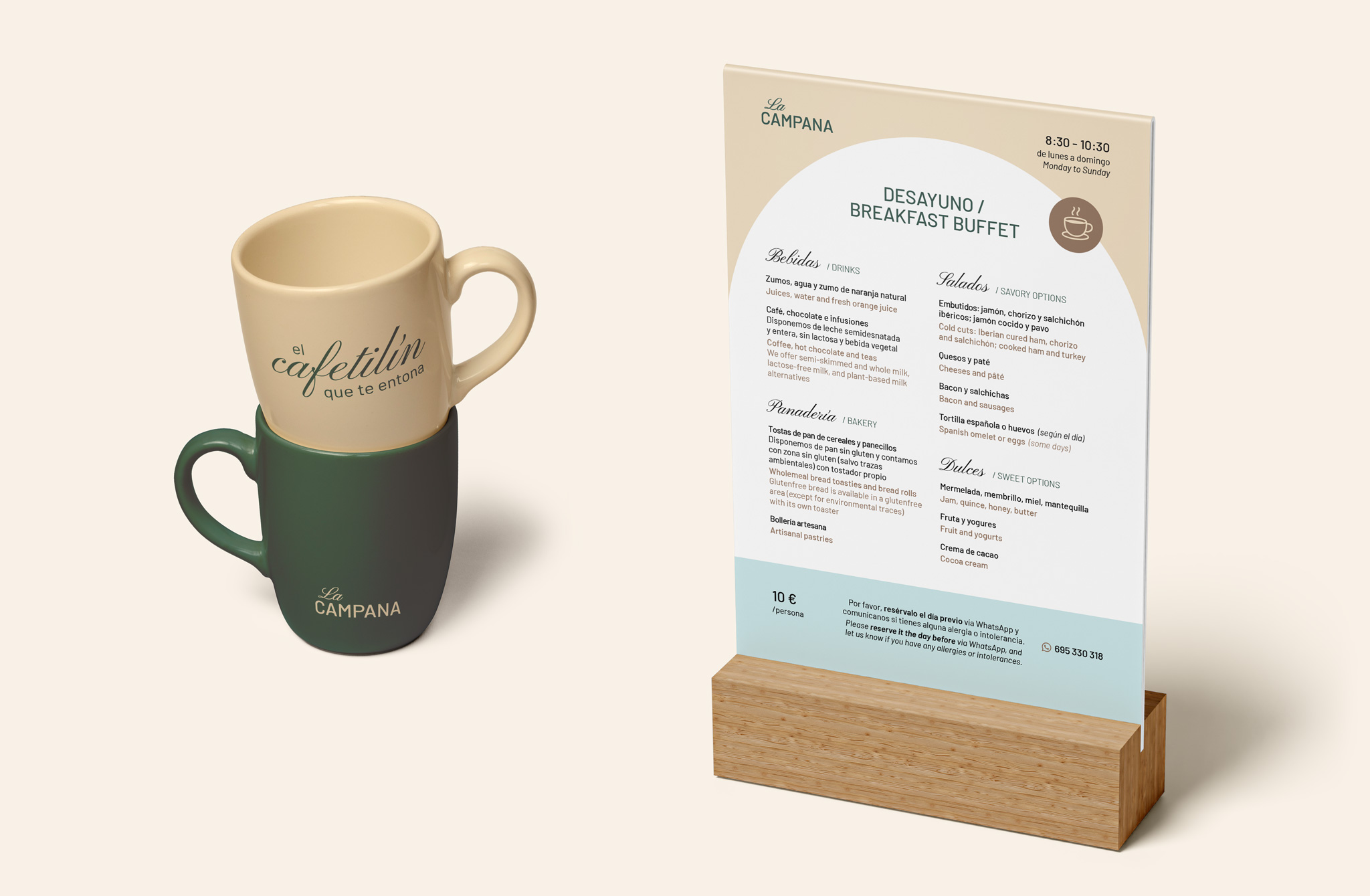 Tazas y carta de desayunos de La Campana, identidad visual para hostal en Toledo