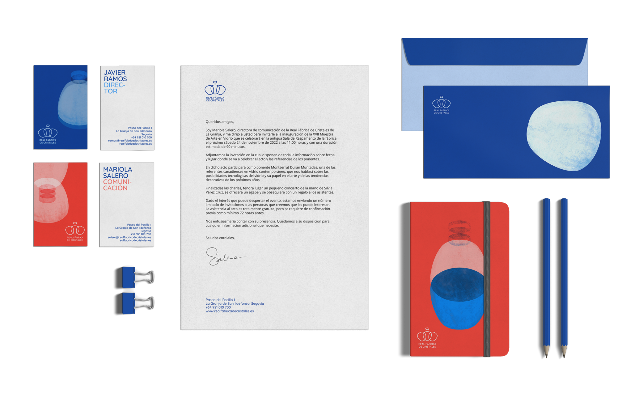 Piezas de papelería corporativa para la Real Fábrica de Cristales